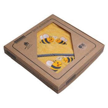 Baby Kapuzen-Badetuch und Waschhandschuh  mit Bienen- Applikation im Geschenkkarton